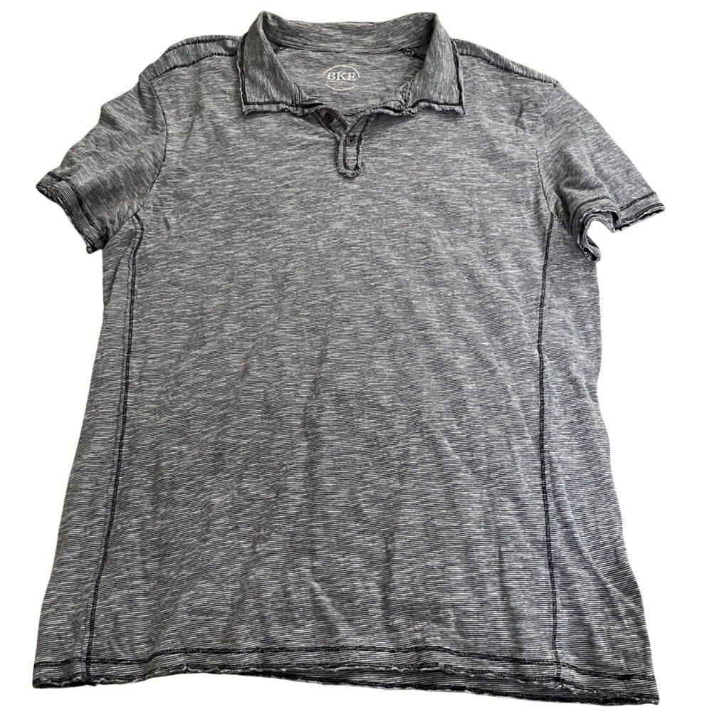 BKE Athletic Fit Mens XL Polo Shirt Gray White Micro Stripe Short Sleeve